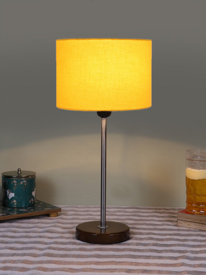Devansh Drum Yellow Cotton Shade With Steel And Brown Wood Base Table Lamp(42.5 cm, Yellow)