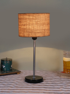 Devansh Drum Beige Jute Shade With Steel And Black Wood Base Table Lamp(42 cm, Beige)