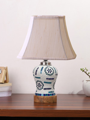 Devansh Off-White Cotton Rectangular Shade Lamp With Wood & Mosaic Glass Base For Home Table Lamp(38.1 cm, White, Beige)