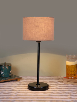 Devansh Drum Grey Cotton Shade With Black Iron & Black Wood Base For Decoration Table Lamp(42.545 cm, Grey)