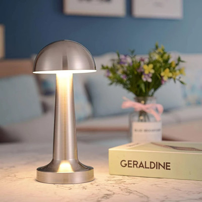 Menka Metal Mushroom Lamp, Portable LED Table Lamp with Touch Dimmable, Bedside Lamp Night Lamp(23 cm, Silver)