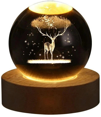 Shree Vila Creation 3D Deer Crystal Ball Light Ball with Wooden Base Night Lamp(8 cm, Multicolor)