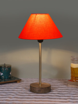 Devansh Conical Orange Cotton Shade Lamp With Gold And Natural Wood Base Table Lamp(41.91 cm, Orange)