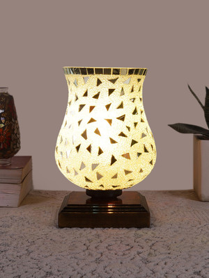 Devansh Mosaic Glass Table Lamp with wood Square Brown Base For Bedroom, Living Room Table Lamp(22.22 cm, White, Silver)