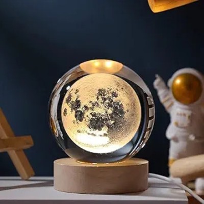 NAIRO 3D Moon Crystal Ball Night Lamp – USB Colourful with Wooden Base Night Lamp(6 cm, Multicolor)