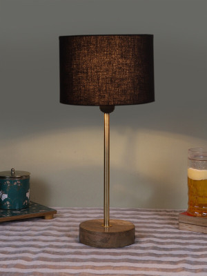 Devansh Drum Black Cotton Shade With Gold And Natural Wood Base Table Lamp(42.5 cm, Black)