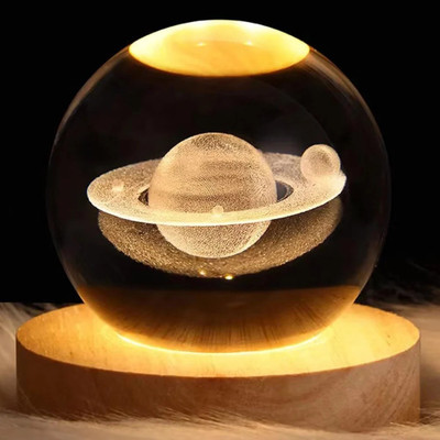jmd store 3D Galaxy Crystal Ball Night Light with Wooden Base – LED Lamp Night Lamp(6 cm, Transparent Crystal with Natural Wooden Base)