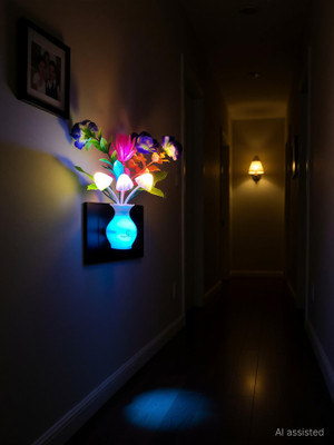 InspireCloud auto ON/Off Sensor Mushroom Shape LED with Multicolor Illuminated and Flowers Night Lamp(16 cm, Purple, Pink)