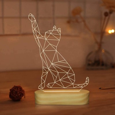 Artistic Gifts 3D Illusion LED Cat Lamp Unique Animal Night Desk Light with USB Wooden Base Table Lamp(24 cm, Warm White C)