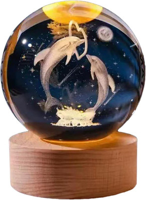 carfrill Crystal Ball Night Light 3D Inner Carved Lighting Crystal Ball with LED Base Table Lamp(8 cm, Heart of a Dolphin)