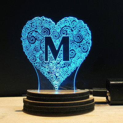 Gadgets World ALPHABET M Acrylic USB 3D Illusion RGB 7 Colour Changing LED Wooden Night Lamp(10 cm, 3USB0149-ALPHABET M)