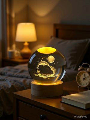 SHOPOGENIX 3D Moon Crystal Ball with Base for Living Room, decoration, gift Night Lamp(7 cm, jumping dolphins)