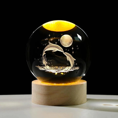 SHOPOGENIX 3D Moon Crystal Ball with Base for Living Room, decoration, gift Night Lamp(7 cm, jumping dolphins)