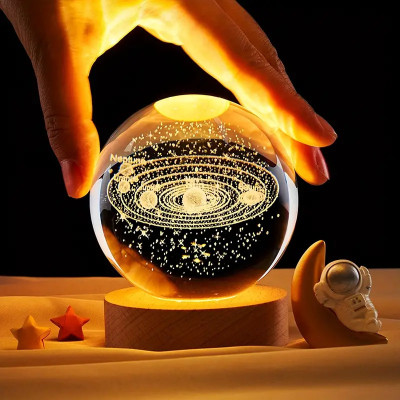 HOUSE OF COMMON 3D Space Galaxy Planet Crystal Ball Night Light Ball with Wooden Base Table Lamp(8 cm, Multicolor)
