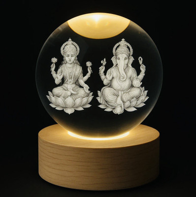 KPD Laxmi Ganesh LED Night Light, 3D Engraved Globe Lamp with Wooden Base Night Lamp(10 cm, transpparent)