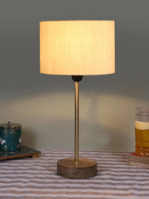 Devansh Drum White Cotton Shade With Gold And Natural Wood Base Table Lamp(42.5 cm, White)
