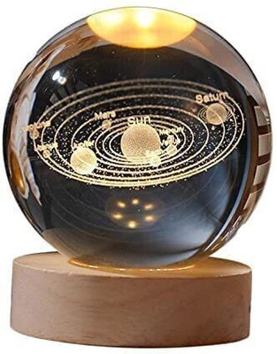 Wengonvila 3D Glass Ball Night LED Lamp with Woodern Base 3D Solar Crystal Ball Night Lamp Night Lamp(8 cm, Yellow)