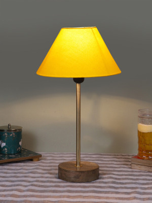 Devansh Conical Yellow Cotton Shade Lamp With Gold And Natural Wood Base Table Lamp(41.91 cm, Yellow)
