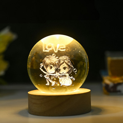 Hindcraft 3D Crystal Ball Night Lamp| Engraving Cute Couple with Love Crystal Light Ball Night Lamp(7.5 cm, Transparent)