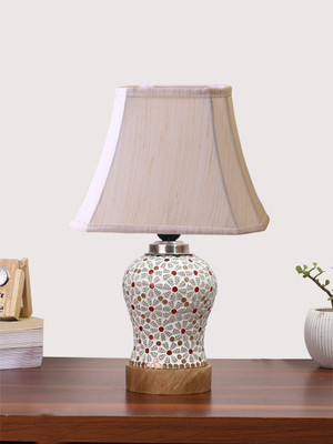 Devansh Off-White Cotton Rectangular Shade Lamp With Wood & Mosaic Glass Base For Home Table Lamp(38.1 cm, White, Beige)