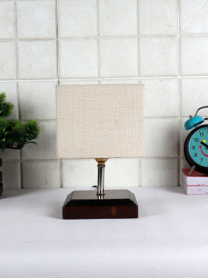Devansh Square Wood table lamp with White Jute Shade Night Lamp(30 cm, White)