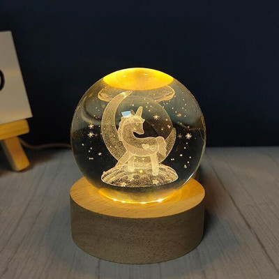 SHOPOGENIX 3D Unicorn Crystal Ball Night Light,2.4 inch Glass Ball with Led Wood Base Lamp Night Lamp(7 cm, Unicorn)
