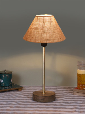 Devansh Conical Beige Jute Shade Lamp With Gold And Natural Wood Base Table Lamp(41.91 cm, Beige)