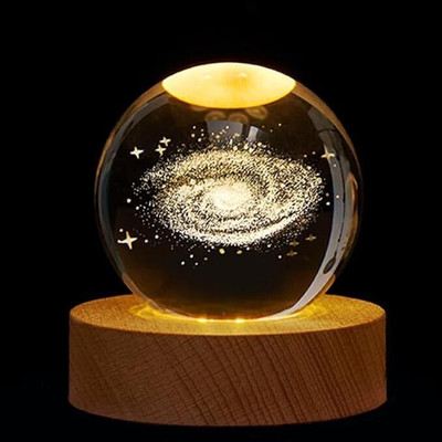 SHOPOGENIX Galaxy- Crystal Ball,2.4 Inch Glass Ball Night LED Lamp With Woodern Base Night Lamp(8 cm, Yellow)