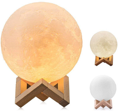 ALL THINGS MORE SHOP 3D Moon Lamp with Touch Control Adjust Brightness with Wooden Stand Night Lamp(15 cm, Multicolor)
