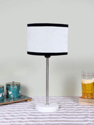 Devansh Drum White And Black Cotton Shade With Steel And White Wood Base Table Lamp(42 cm, White, Black)