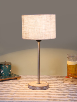 Devansh Drum White Jute Shade With Steel And White Brushed Wood Base Table Lamp(42.5 cm, White)