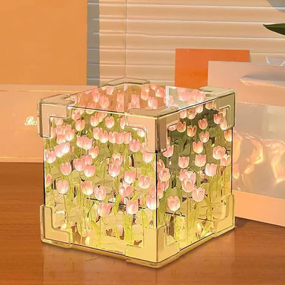 KD SAPRA 3D Sqaure Tulip Mirror Lamp,Tulip Flower Table Lamp/Bedside Lamp,Desk Lamp Night Lamp(10 cm, Multicolor1)