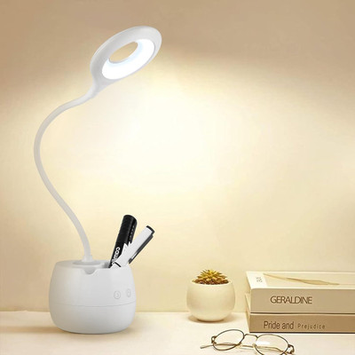 Gesto Rechargeable Table Lamp , 3 Level Brightness With Pen And Mobile Holder Study Lamp(30 cm, White)