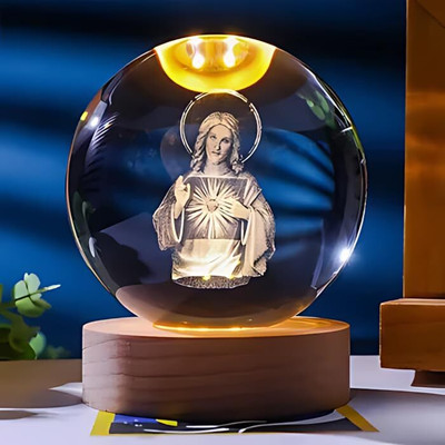 BLESSED SOUVENIR 3D JESUS SACRED HEART CRYSTAL BALL NIGHT LIGHT Table Lamp(8 cm, Gold)