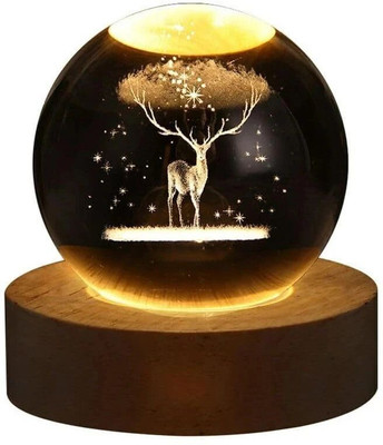 Shree Vila Creation 3D Deer Crystal Ball Light Ball with Wooden Base Night Lamp(8 cm, Multicolor)