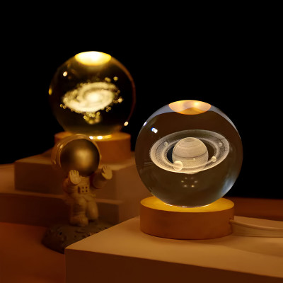 DigiClues 3D Crystal Saturn Ball Night Lamp With Wooden base Night Lamp(8 cm, Golden Multicolor)