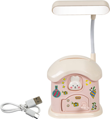 WISHKEY Rabbit Theme 3-in-1 LED Study Desk Lamp with Pen Holder and Piggy Bank with Key Study Lamp(12 cm, Pink)