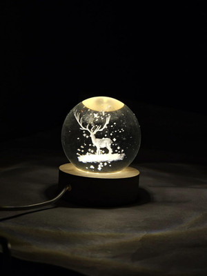 Shriram 3D Crystal Ball LED Night Lamp with Deer Design & Wooden Base Table Lamp(7 cm, Multicolor)