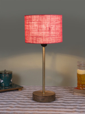 Devansh Drum Pink Jute Shade With Gold And Natural Wood Base Table Lamp(42.5 cm, Pink)