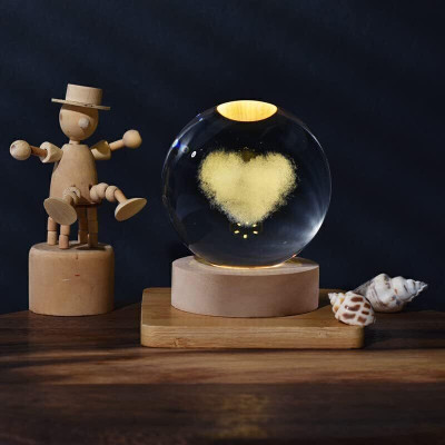 Wengonvila 3D Crystal Ball Lamp, Night Light with Wooden Base Heart Design Galaxy Model Night Lamp(8 cm, Yellow)