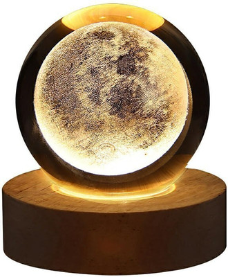 SHOPOGENIX 3D Moon Crystal Ball Night Light,2.4 inch Glass Ball with Wood Base-L194 Night Lamp(8 cm, Yellow, Clear)