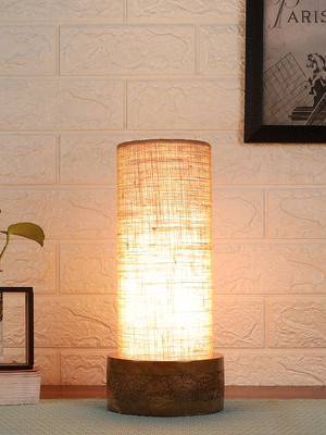 Devansh Beige Jute Table Lamp With Carving Wood Natural Base For Bedroom, Living Room Table Lamp(29.4 cm, Beige)