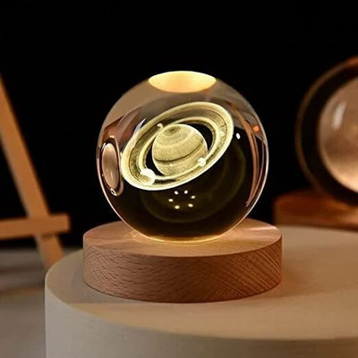 JRS TRADERS Galaxy Planet Crystal Ball Night Light Ball with Wooden Base Night Lamp Night Lamp(10 cm, Multicolor)