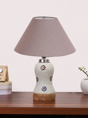 Devansh Conical Grey Cotton Shade Lamp With Wood & Mosaic Glass Base For Decoration Table Lamp(36.83 cm, Grey)