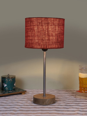 Devansh Drum Maroon Jute Shade With Steel & Natural Wood Base For Decoration Table Lamp(42.545 cm, Maroon)