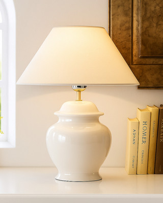 Homesake Ceramic Pot Shaped Base White Table Lamp with White Cone Shade, LED Bulb Table Lamp(40 cm, White)