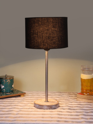 Devansh Drum Black Cotton Shade With Steel And White Brushed Wood Base Table Lamp(42.5 cm, Black)