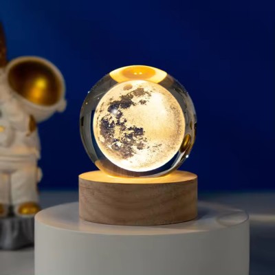 SHOPOGENIX 3D Moon Crystal Ball Night Light,2.4 inch Glass Ball Night Lamp with Wood Base Night Lamp(7 cm, Yellow, Clear, Warm Light)