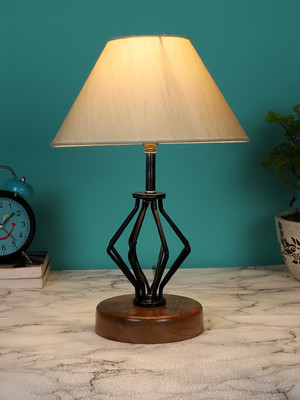 Devansh Off-White Cotton Table Lamp With Wood & Iron Base Table Lamp(37.4 cm, White, Beige)