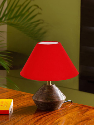 Devansh Red Cotton Table Lamp With Wood Natural Base (10X12 Inches) Table Lamp(30.48 cm, Red)